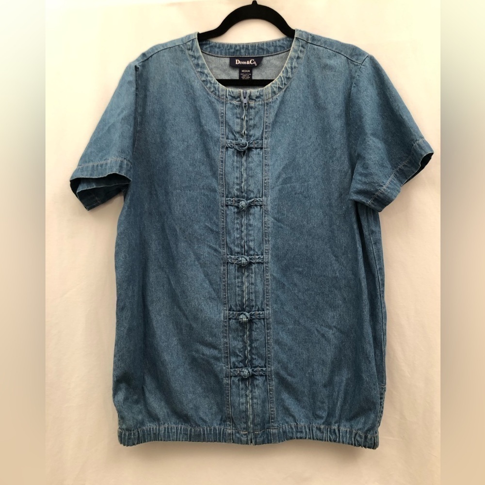 Denim & Co Chambray Knotted Button Blue Zip Shirt Top 90s Size Medium